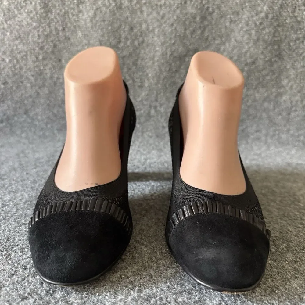 ANYI LU Black Textured Leather Slip-On Block Heel Pump Ribbon Animal Print 7